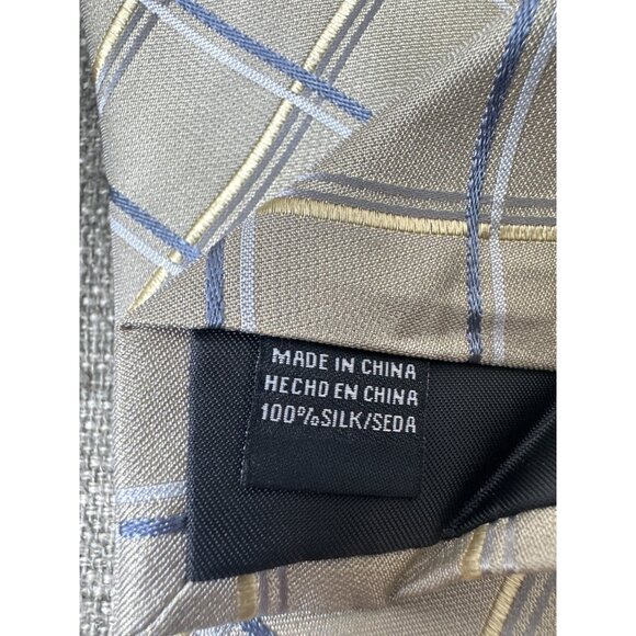 Claiborne Mens Beige & Blue Plaid 100% Silk Neck Tie Formal Suit Work - Picture 3 of 5